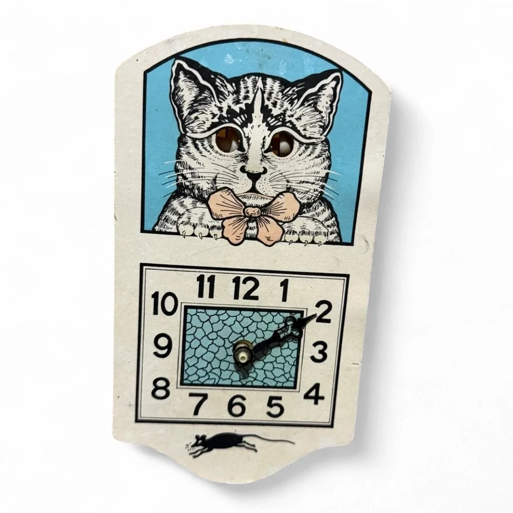 Vintage JSNY Kitten Cat Moving Eyes Novelty Wall Clock Mouse Hong Kong Retro